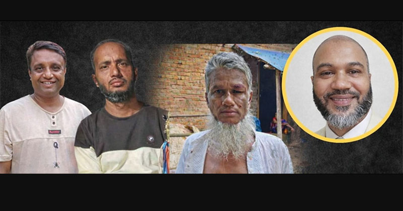 বামে অভিযুক্ত দুই ভাই নিজাম ও সায়েম, ডানে হামলার শিকার আব্দুল জলিল এবং ইনসেটে সাংবাদিক আজাদ।