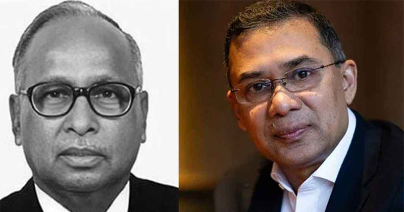 বাঁয়ে সদ্য প্রয়াত ব্যারিস্টার জমির উদ্দিন সরকার, ডানে প্রধানমন্ত্রী তারেক রহমান। ছবি: সংগৃহীত