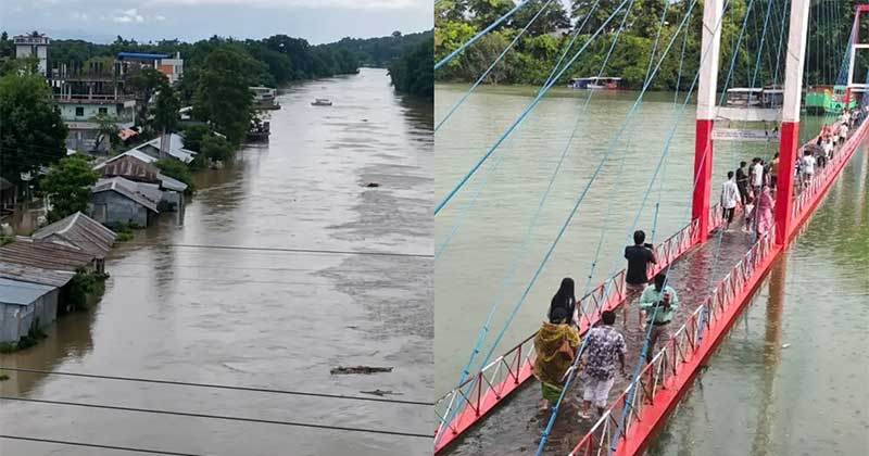 কাপ্তাই হ্রদের পানিতে ডুবেছে ঝুলন্ত সেতু, বাঘাইছড়ির নিম্নাঞ্চল প্লাবিত